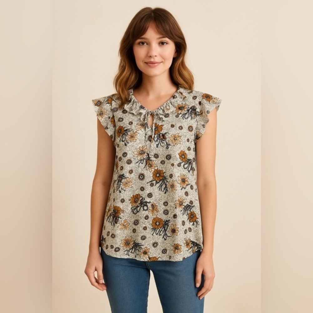 Lucky Brand White Multi Ruffle Collar Tie Detail Top Boho Casual NWT S #2325